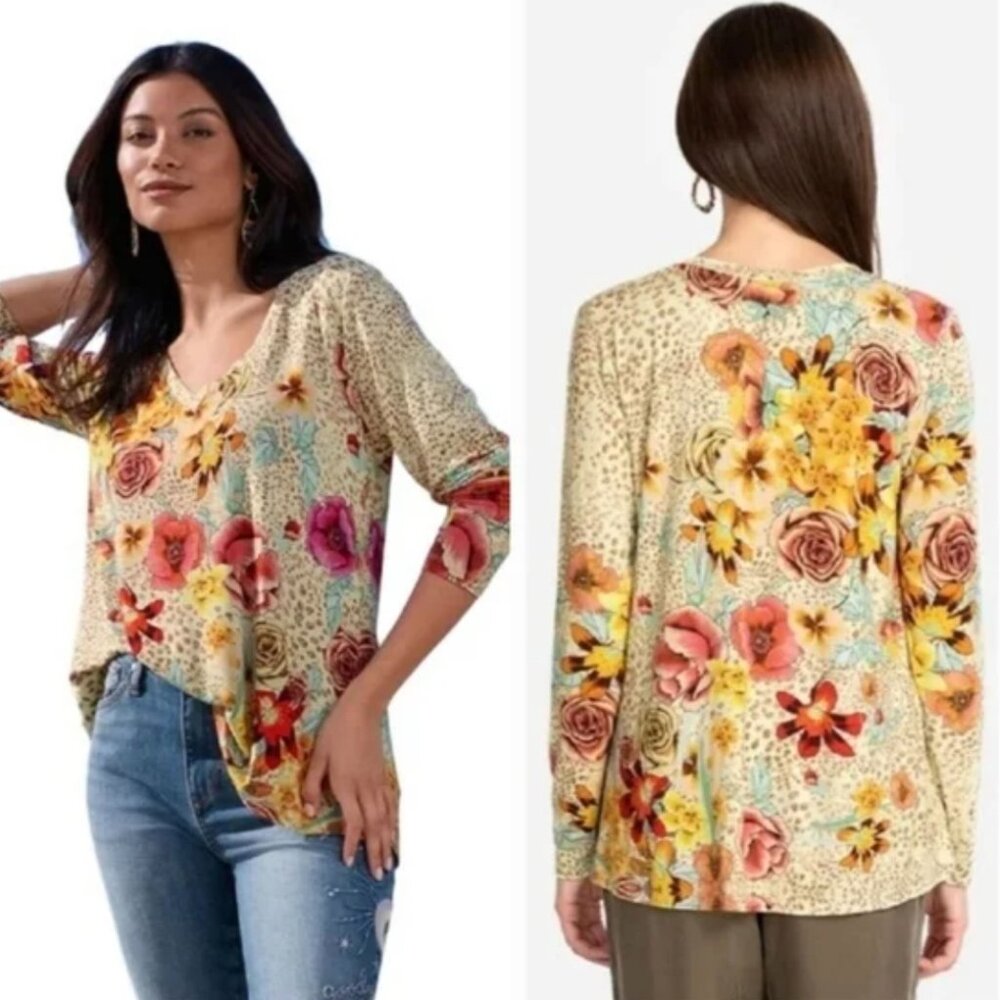 Johnny Was Hera Flower & Cheetah Print Tunic Blouse